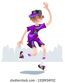 Young happy dancing boy or  dancer isolated on white background. Smiling young men enjoying dance party. Colorful vector illustration in cartoon style