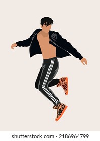 Joven bailarín feliz con un traje de moda al estilo de la calle. Bailarina de pico. Caricatura masculina aislada en fondo blanco. Ilustración realista de arte vector. 