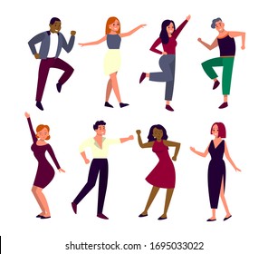 Young happy dancing people set. Cheerfull male and female dancers. People having fun. Isolated vector illustration in flat style