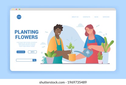 Young happy diverse multiracial couple man and woman planting and watering flowers in pots. Farmers and gardeners doing job or agricultural hobby. Flat cartoon vector illustration. Website, template