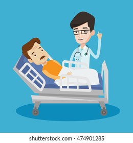 Young happy doctor with stethoscope visiting male patient at hospital. Doctor pointing finger up during consultation with patient lying in hospital bed. Vector flat design illustration. Square layout.