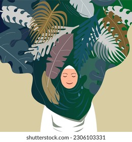 Young happy dreaming muslim woman in hijab. tropical leaves. concept of a sign of joy, approval, happiness. Psychology and tranquility. smile on your face. Flat vector illustration.