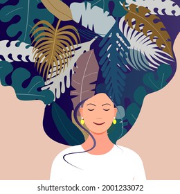 Young happy dreaming woman with long hair up. Place for advertising text. The concept of a sign of joy, approval, happiness. Psychology and calmness. A smile on your face. Flat vector illustration.