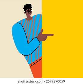 Young happy excited man pointing with fingers showing with hands, positive emotions. Flat graphic vector illustrations isolated on color background