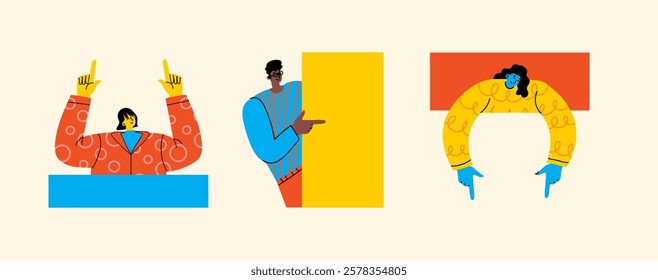 Young happy excited men and women pointing with fingers showing with hands, positive emotions. Flat graphic vector illustrations isolated on color background