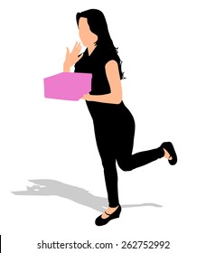 Young happy excited woman opening gift box, vector 