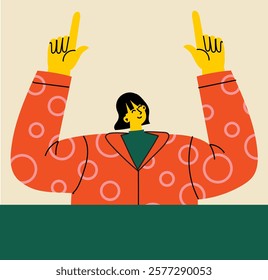 Young happy excited woman pointing up with fingers watching in sky, showing with hands, positive emotions. Flat graphic vector illustrations isolated on white background