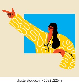 Young happy excited woman pointing with fingers showing with hands, positive emotions. Flat graphic vector illustrations