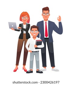 Young happy family of businessmen with glasses. Mom, dad and son are schoolchildren. Beautiful and smiling cell of society. Vector illustration in cartoon style on a white background.