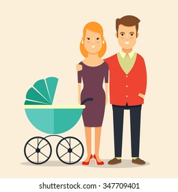 Young Happy Family. Colorful Vector Illustration