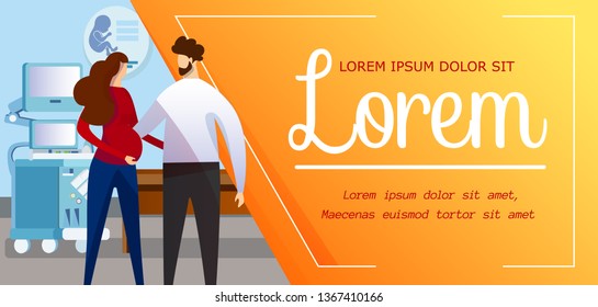 Young Happy Family Embracing on Ultrasound Room Background. Template for Medical Clinic Service, Planning and Management of Healthy Pregnancy. Cartoon Flat Vector Illustration. Horizontal Banner.