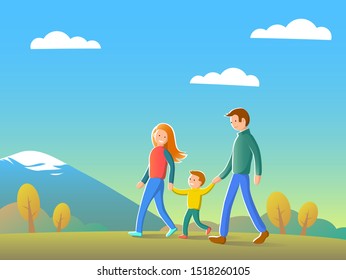 Young happy family: father, mother and little son are walking in nature. Around the autumn landscape with trees and mountains. Blue sunny sky with clouds. Vector cartoon illustration.