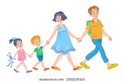 Young happy family goes hand in hand. Father, cute mother, little son and daughter. In cartoon style. Isolated on white background. Vector flat illustration