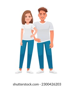 Young happy family. Guy and a girl in identical clothes are standing together. Beautiful and smiling cell of society. Vector illustration in cartoon style on a white background.