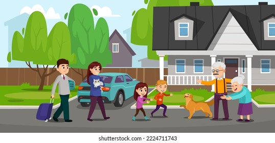 A young happy family with kids visiting grandparents at their home. Husband and wife with a daughter, a son, a pet cat and a dog came to grandma and grandpa. Cartoon style vector illustration.