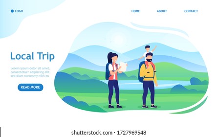 A young happy family makes a local vacation trip. Attractive couple with a child explore local nature and attractions.The family does hiking. Active rest in the mountains. Healthy Lifestyle. Vector