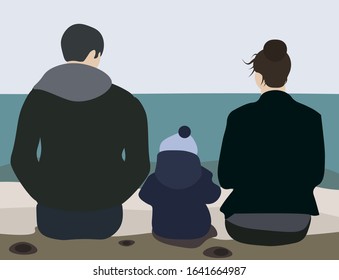 Young happy family - mom, dad and son are sitting on a log and looking at the sea. Flat vector concept,