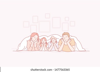 Young happy family mother,  father,  son, daughter lie in bed together. Parents and children play with smiles on the faces of the house. Simple flat vector.