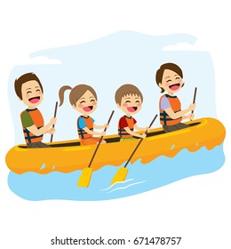 Young Happy Family Rafting Together In Wild River