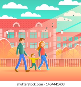Young happy family with a small son walk on foot through the autumn city. Yellow trees, houses and the rays of the sun. Vector illustration.