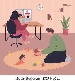 Young happy family spending time together during quarantine at home.Mother working remotely.Father plays with the baby.People in modern interior.Vector colorful illustration.Flat cartoon characters