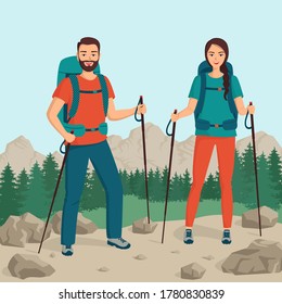 Young happy family tourists with a backpack stands on a background of forest and mountains.The concept of healthy outdoor  activities. Trekking, hiking, backpacking. Cartoon vector illustration.