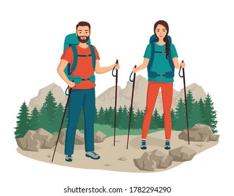 Young happy family tourists stands with a backpack.The concept of healthy outdoor  activities. Man and woman trekking, hiking, backpacking. Cartoon vector illustration isolated on white.