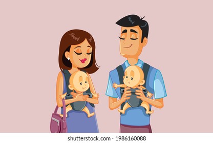 Young Happy Family With Twins Vector Illustration. Adorable Couple With Two Little Newborn Infants In Baby Carrier
