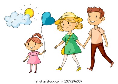Young happy family walking in park with little children