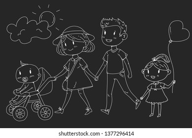Young happy family walking in park with little children