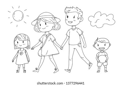 Young happy family walking in park with little children