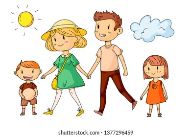 Young happy family walking in park with little children