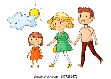 Young happy family walking in park with little children