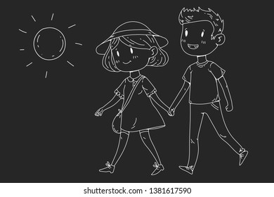 Young happy family walking in park with little children
