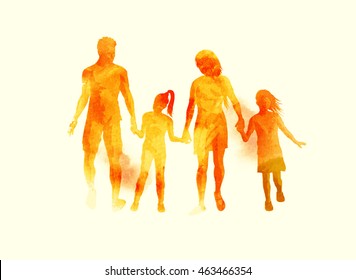 A young happy family walking together. Watercolour vector illustration.