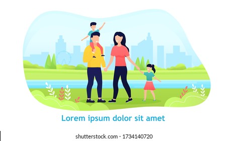 Young happy family walks together in a city park. Beautiful characters with children. Family time outdoors. Happy parenting and childhood. Weekend with family. Relaxing by the lake Vector Illustration