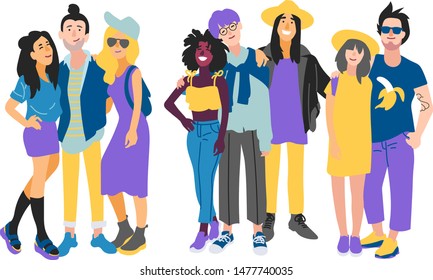 young happy fashion people of different nationalities stand hugging. Vector flat illustration

