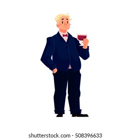 Young, happy fat man in business suit with a glass of wine, cartoon vector illustration isolated on white background. Overweight, fat man in tuxedo enjoying life and having fun