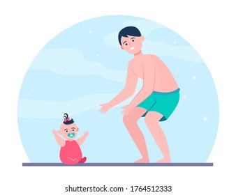 Young happy father with baby girl. Love, dad, care flat vector illustration. Family and parenthood concept for banner, website design or landing web page