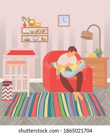 Young happy father and baby. A man feeding a newborn baby from a milk bottle, looking on each other at home. Artificial feeding illustration in flat style. Man on maternity leave, newborn care