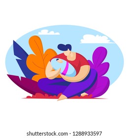 Young happy father holds baby in his arms. Vector illustration in flat style