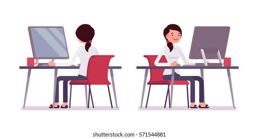 Young happy female clerk sitting at the desk and working at the computer, looking at screen, rear and front view, comfortable workspace, friendly office, effective employee, organized manager