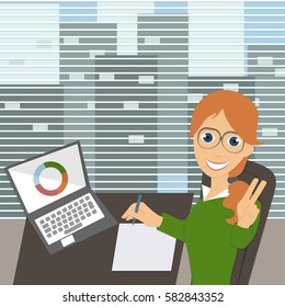 Young happy female clerk sitting at the desk, signs documents, Peace Symbol, modern office, effective employee. Vector flat design illustration in square layout.
