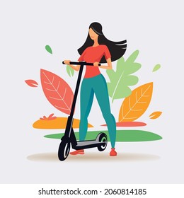 young happy female riding electric scooter, stylized vector illustration