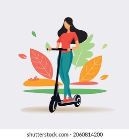 young happy female riding electric scooter, stylized vector illustration