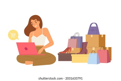 Young happy female sitting and using laptop to shop online with huge shopping stuffs. Concept of shopping online website or application, stay home during COVID-19, e-commerce. flat vector illustration