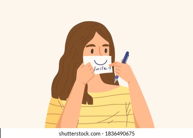 Young Happy Female Writing A Smile And The Word 