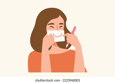 Young happy female writing smile on paper and placing on her mouth. Concept of smiling, happiness, lifestyle, mental health, mental wellbeing. Flat vector illustration cartoon character.