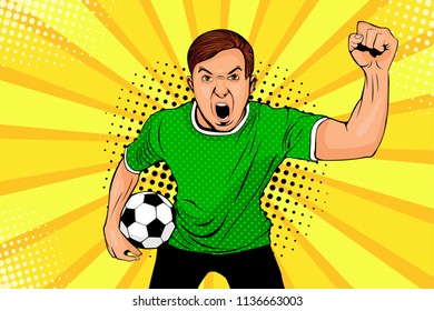 Joven hincha de fútbol feliz con boca abierta y pelota de fútbol en su mano celebra el triunfo y el gol. Dibujo vectorial colorido en estilo retro cómico. Afiche de la invitación al juego deportivo.