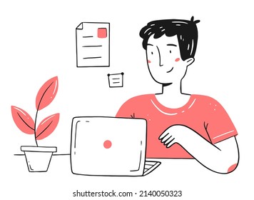 Un joven y feliz trabajador independiente trabaja en una laptop desde casa en un estilo de doodle lineal. Concepto de oficina en el hogar. Ilustración aislada del vector.